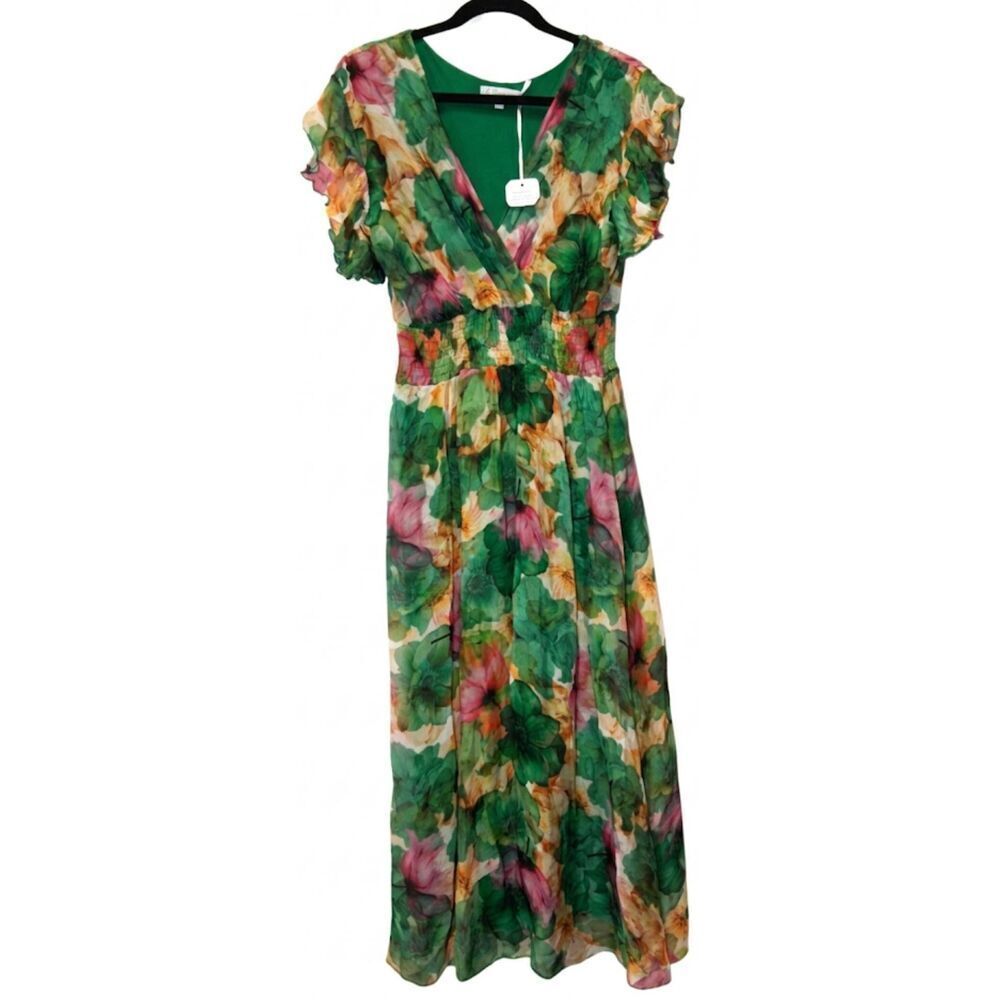 Le ragazze womens large ankle length maxi dress green floral silk empire waist